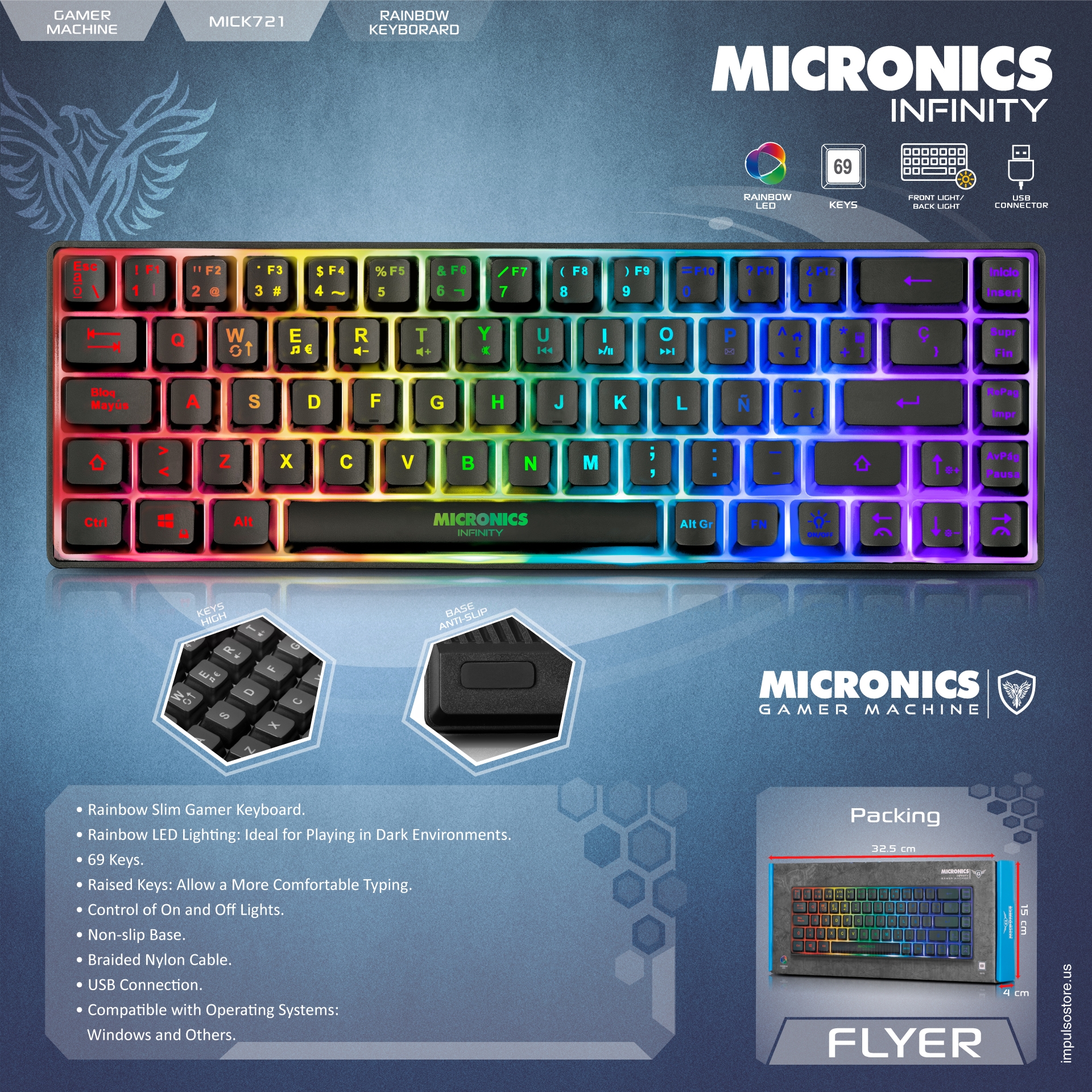 Teclado Gamer Machine Rainbow MICRONICS INFINITY, MIC K721 Slim